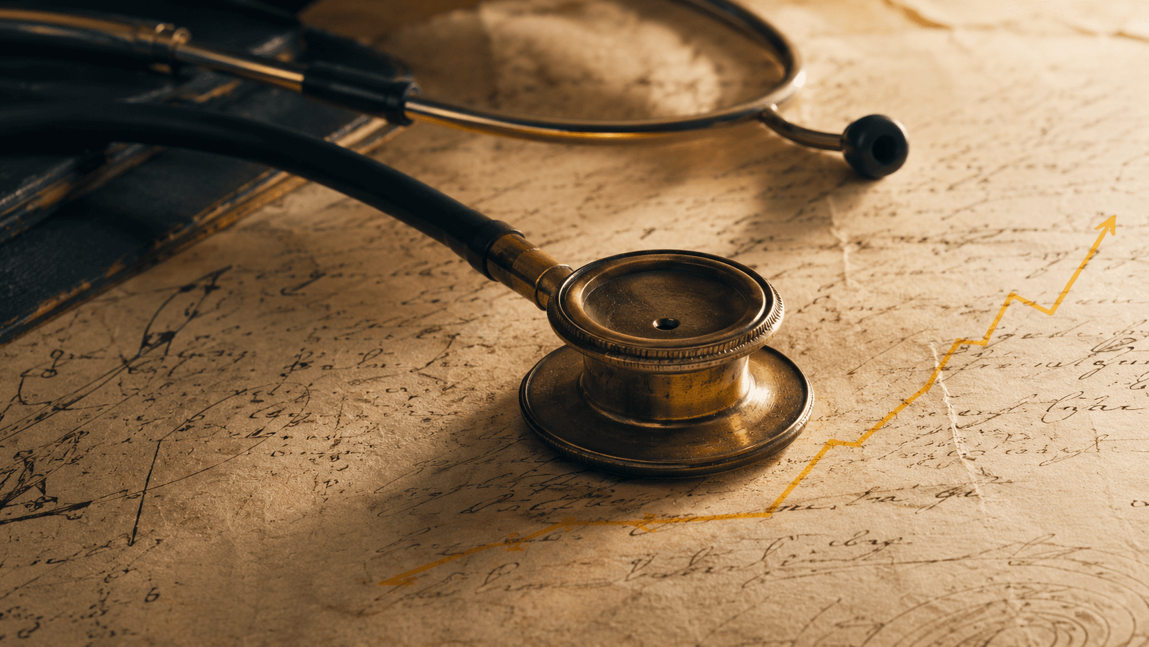 Estetoscópio antigo sobre carta médica em pergaminho, com gráfico ascendente de presença digital sobreposto em tons sage. Tradição clínica encontrando modernização medida.